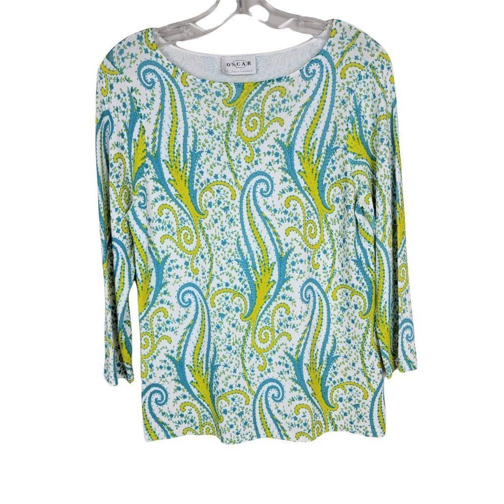 OSCAR By Oscar De La Renta Yellow Blue Paisley Round Neck 3/4 Sleeves Knit Top M